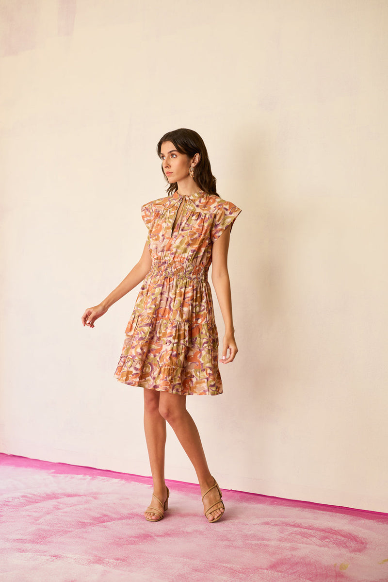 Brushstroke Gathered Mini Dress cotton dress by World of SiSa in multi-color for women in Singapore