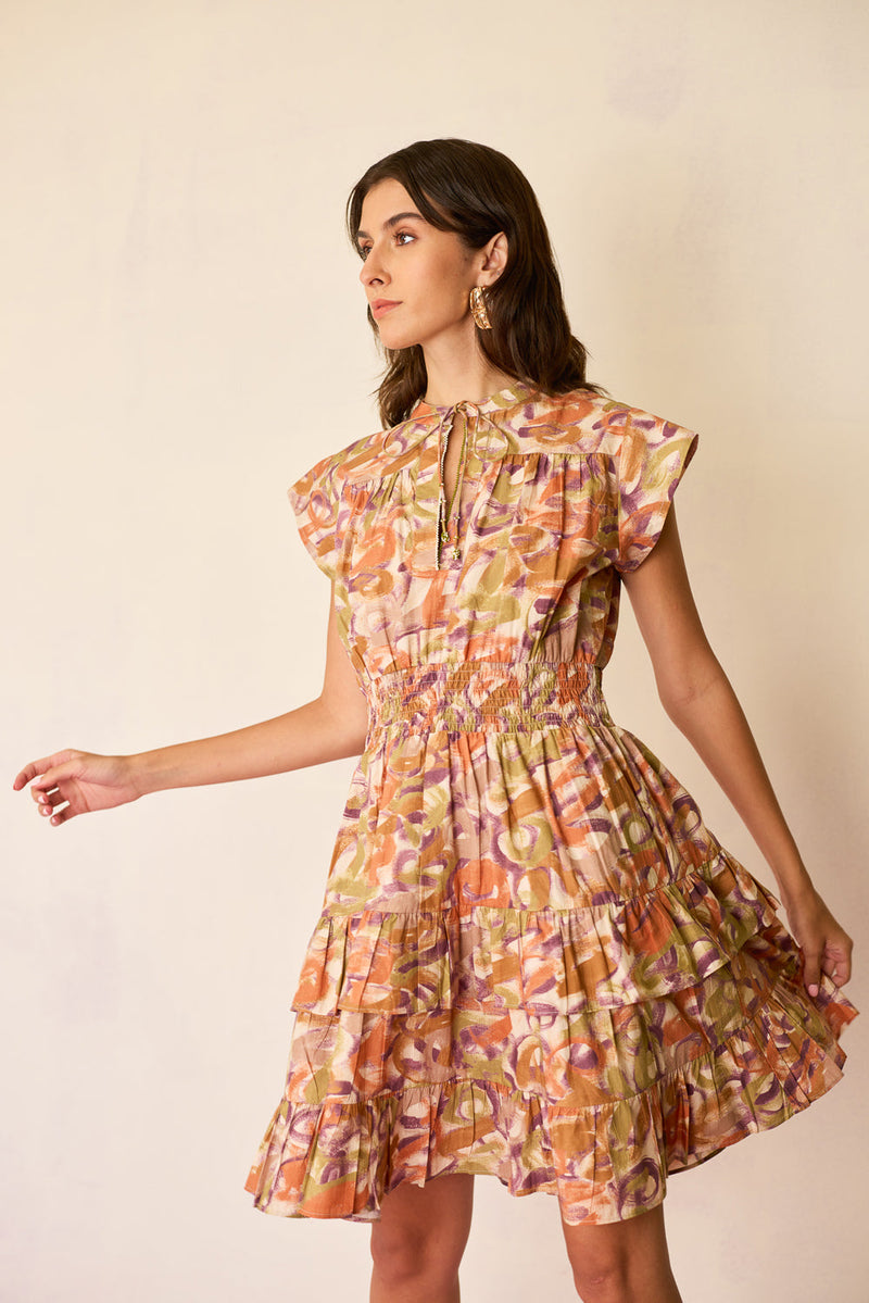 Brushstroke Gathered Mini Dress cotton dress by World of SiSa in multi-color for women in Singapore