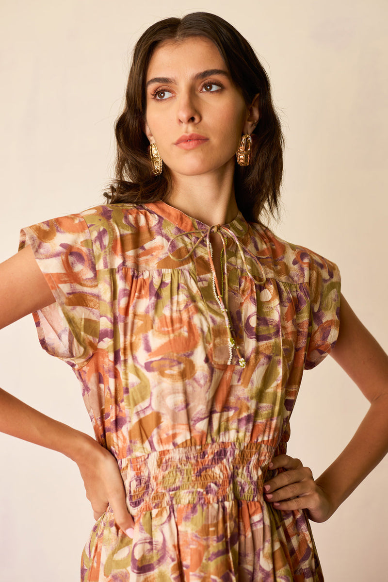 Brushstroke Gathered Mini Dress cotton dress by World of SiSa in multi-color for women in Singapore