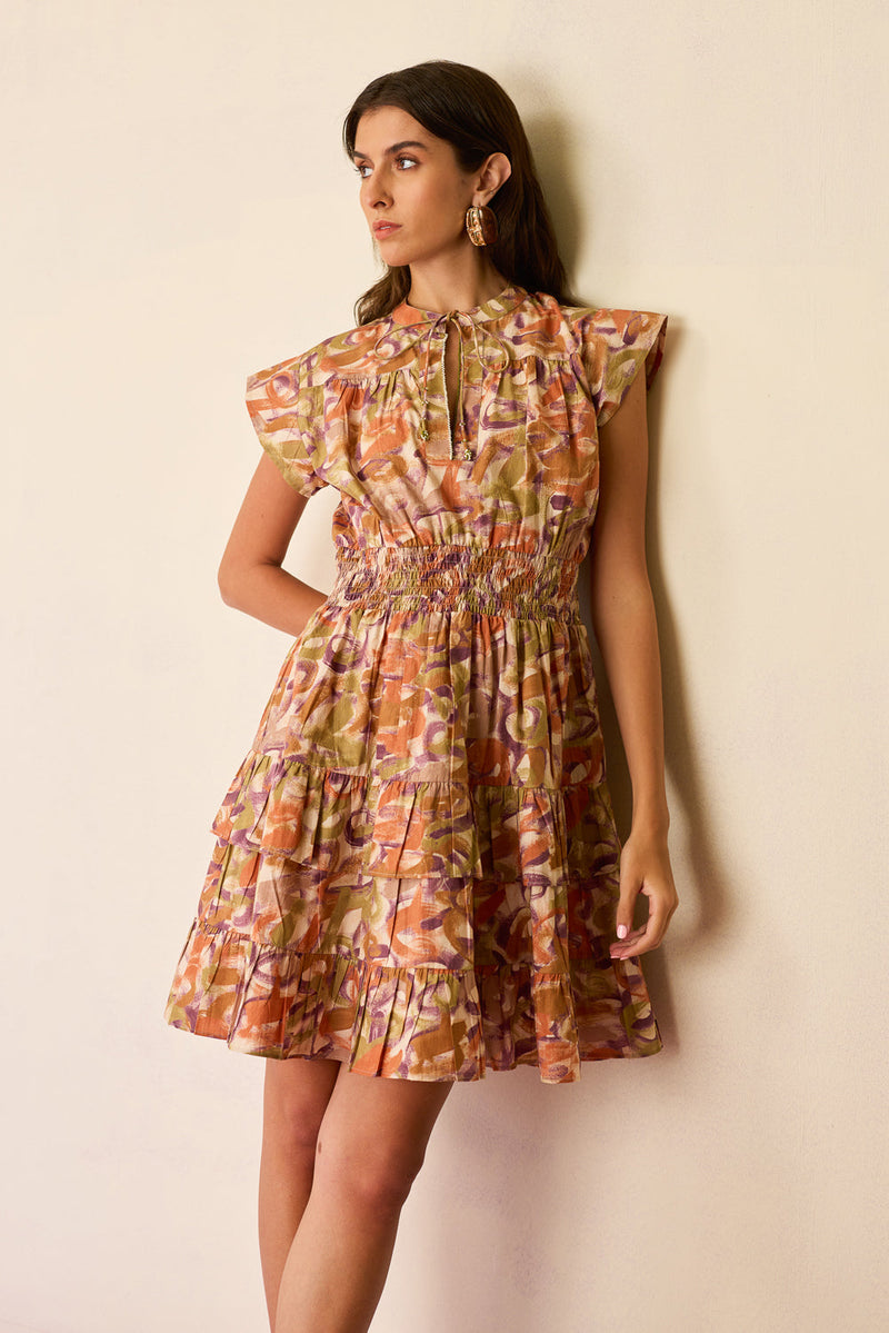 Brushstroke Gathered Mini Dress cotton dress by World of SiSa in multi-color for women in Singapore