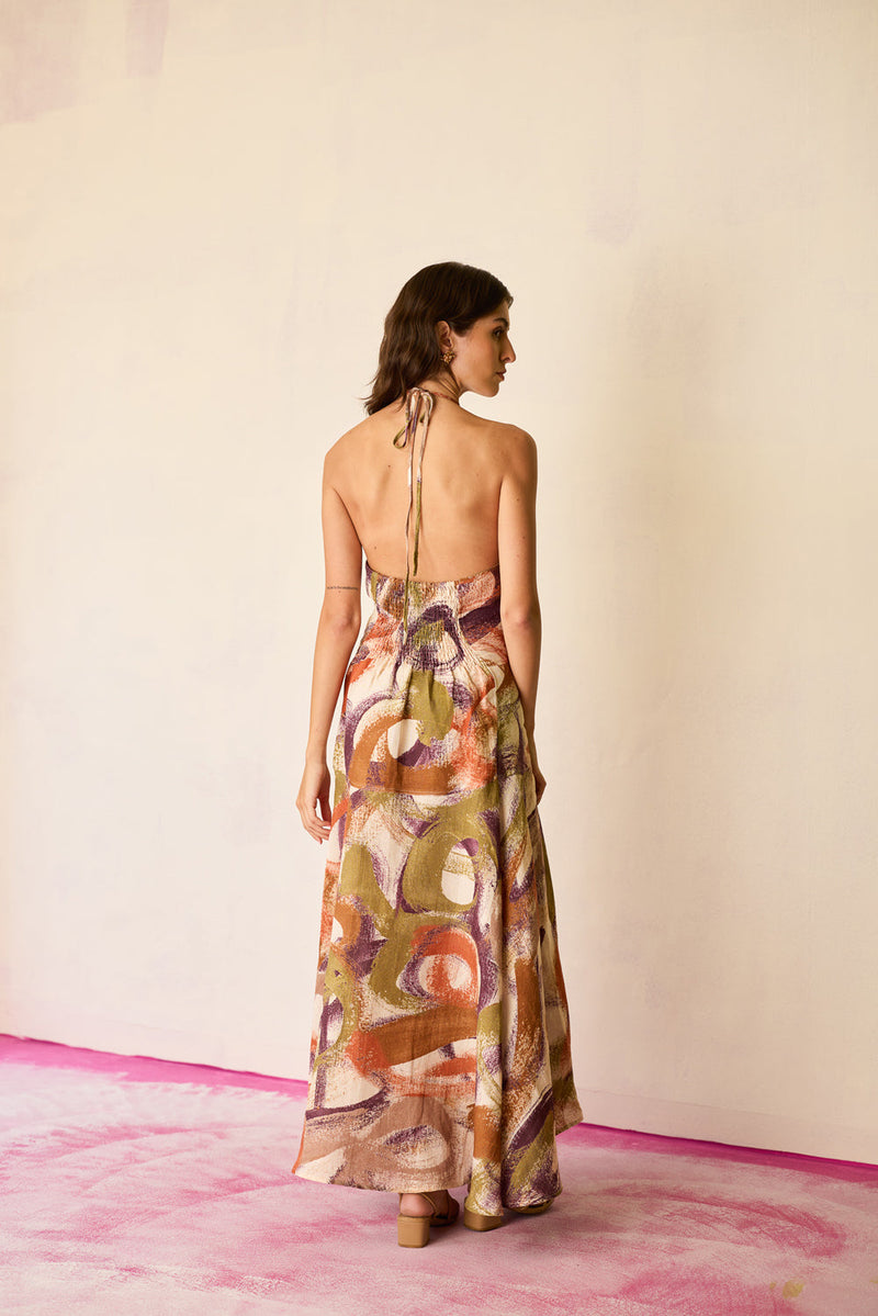 Brushstroke Halter Neck Maxi Dress linen dress by World of SiSa in multi-color for women in Singapore