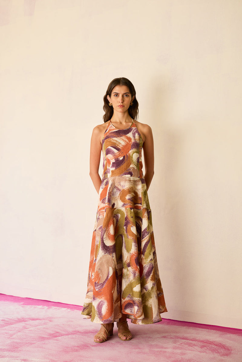 Brushstroke Halter Neck Maxi Dress linen dress by World of SiSa in multi-color for women in Singapore