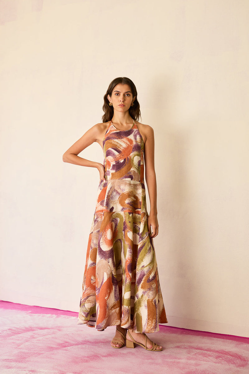 Brushstroke Halter Neck Maxi Dress linen dress by World of SiSa in multi-color for women in Singapore