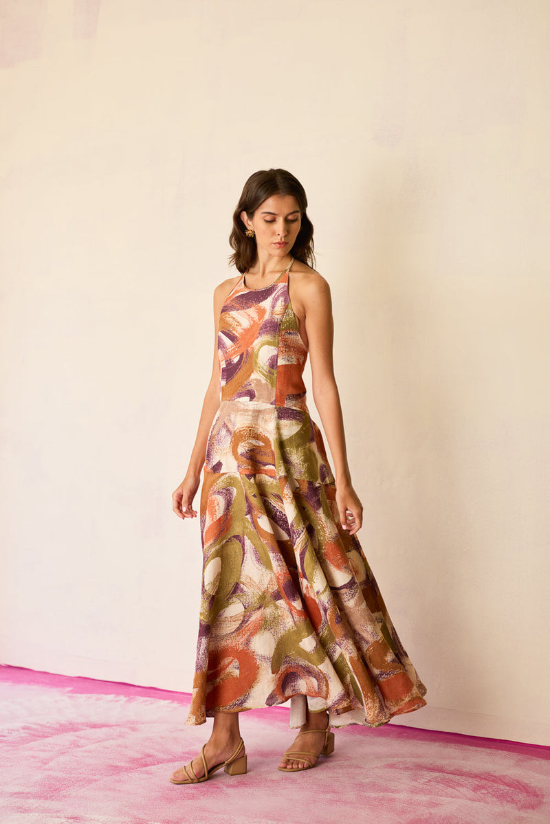 Brushstroke Halter Neck Maxi Dress linen dress by World of SiSa in multi-color for women in Singapore