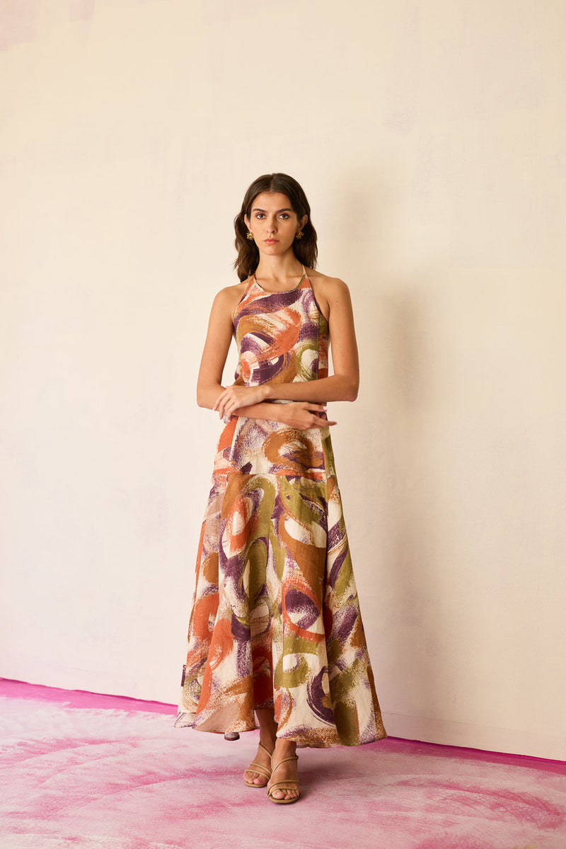 Brushstroke Halter Neck Maxi Dress linen dress by World of SiSa in multi-color for women in Singapore
