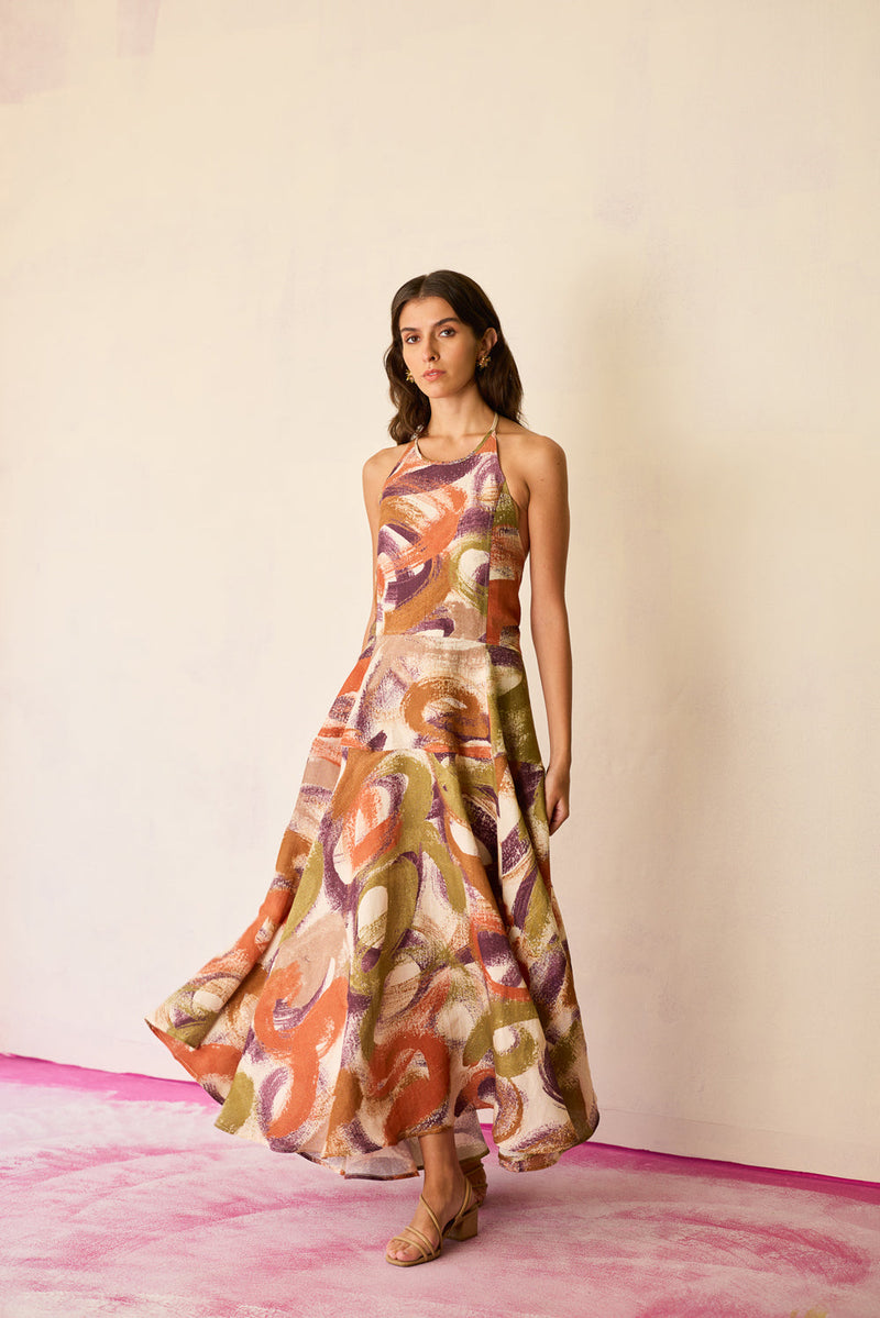 Brushstroke Halter Neck Maxi Dress linen dress by World of SiSa in multi-color for women in Singapore