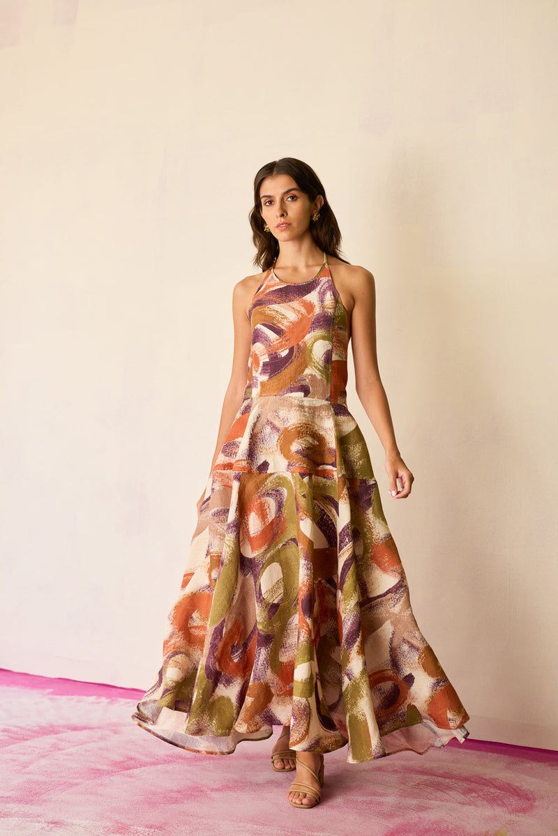 Brushstroke Halter Neck Maxi Dress linen dress by World of SiSa in multi-color for women in Singapore