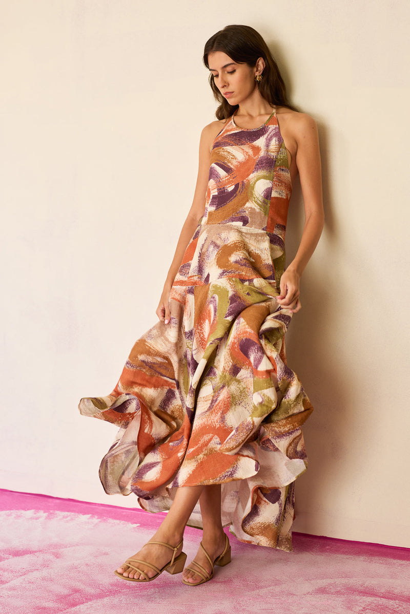 Brushstroke Halter Neck Maxi Dress linen dress by World of SiSa in multi-color for women in Singapore