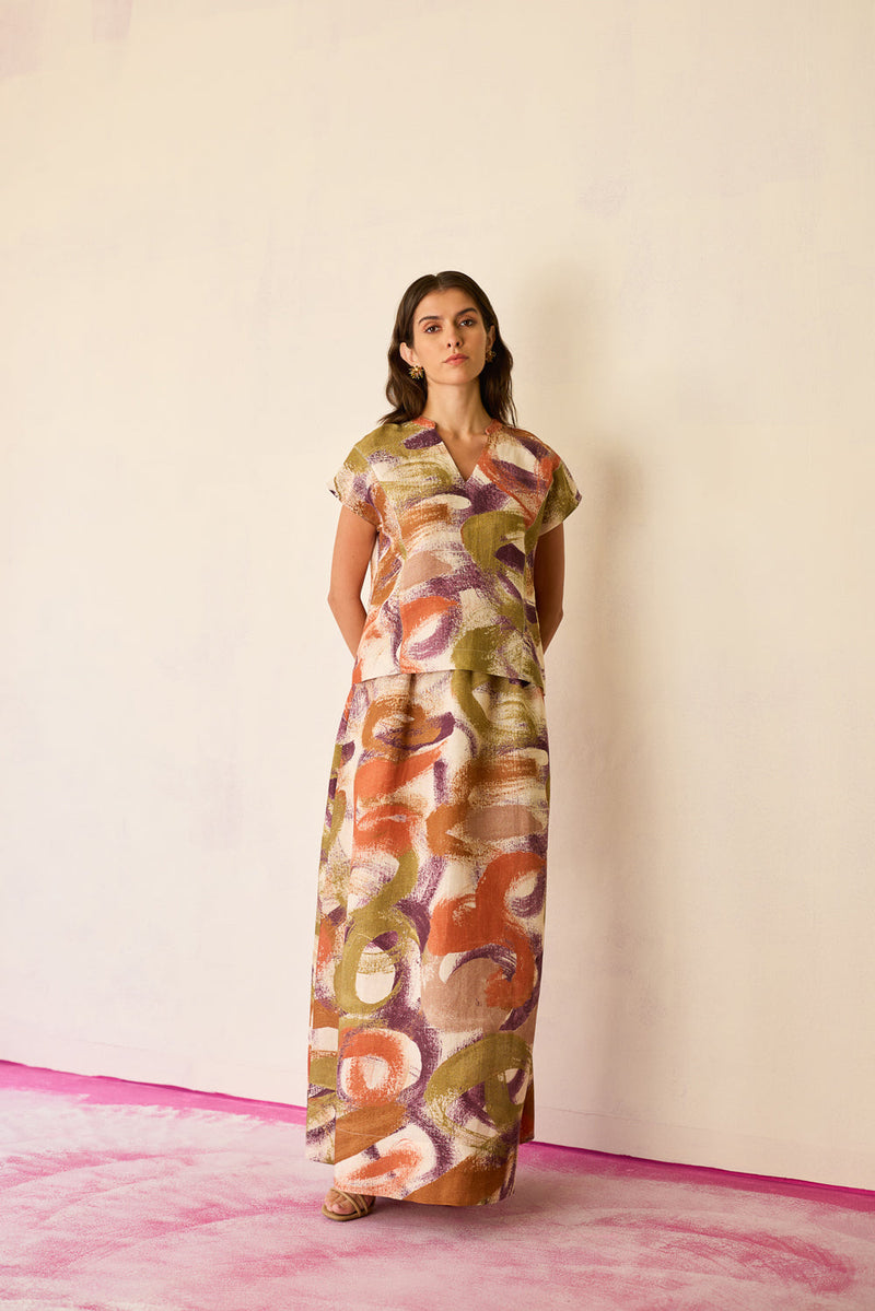 Geometric Brushstroke Co-ord Set linen co-ord set by World of SiSa in multi-color for women in Singapore