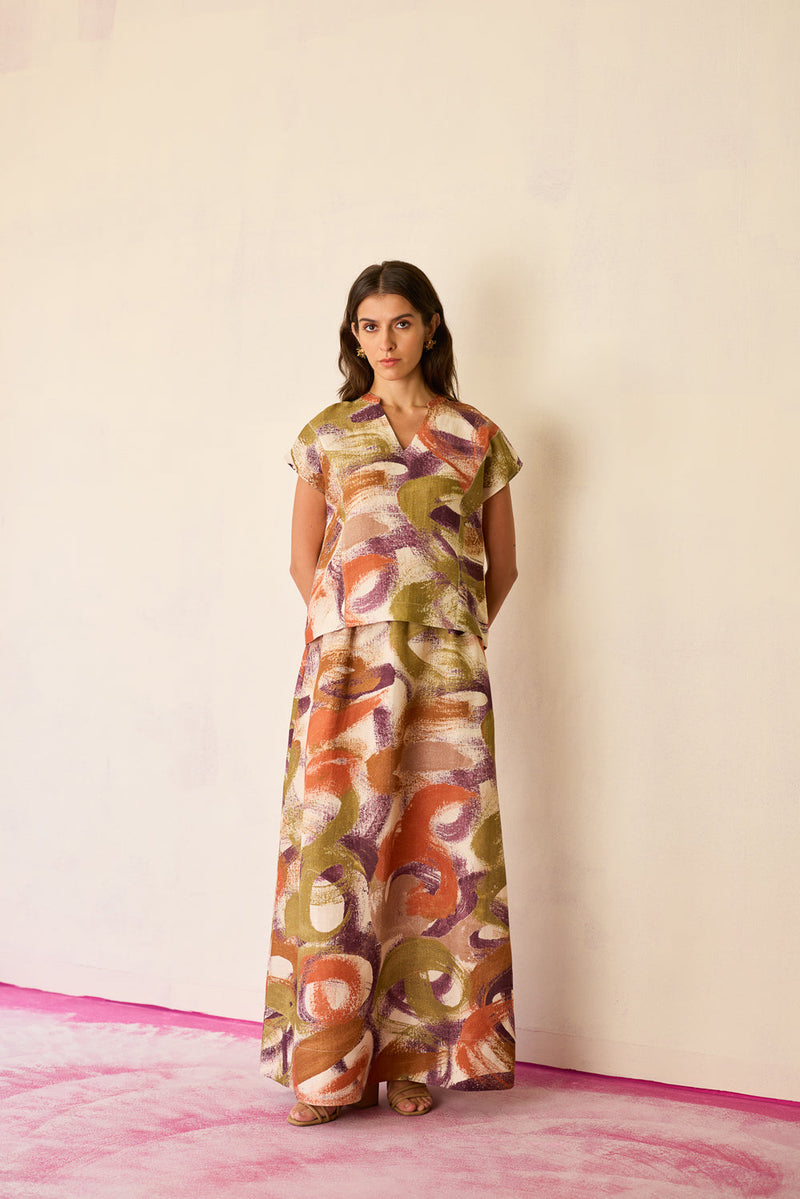 Geometric Brushstroke Co-ord Set linen co-ord set by World of SiSa in multi-color for women in Singapore