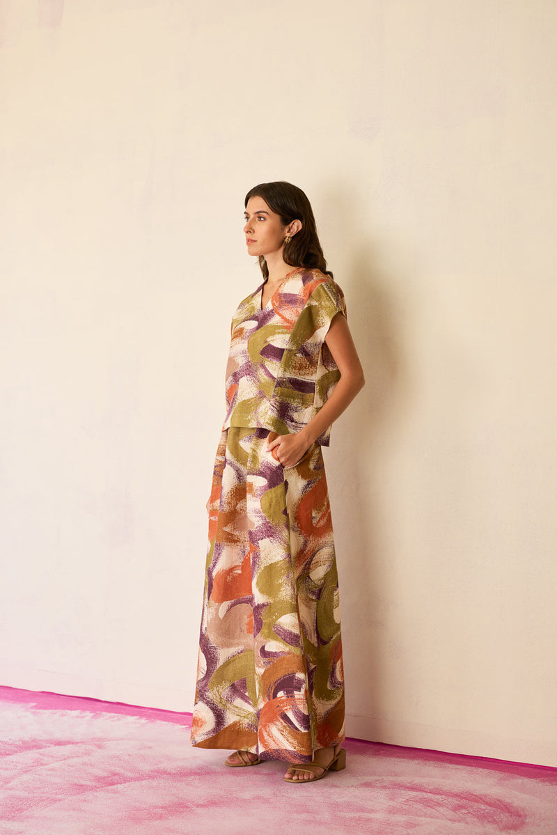 Geometric Brushstroke Co-ord Set linen co-ord set by World of SiSa in multi-color for women in Singapore