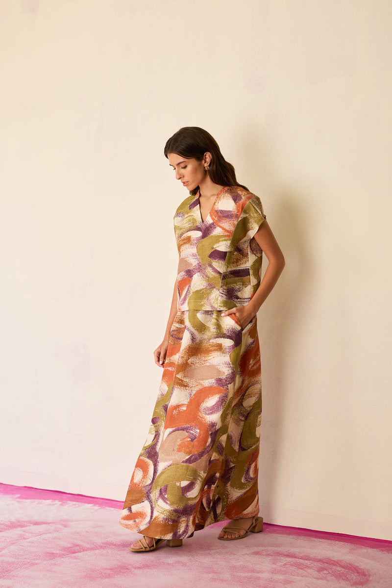 Geometric Brushstroke Co-ord Set linen co-ord set by World of SiSa in multi-color for women in Singapore