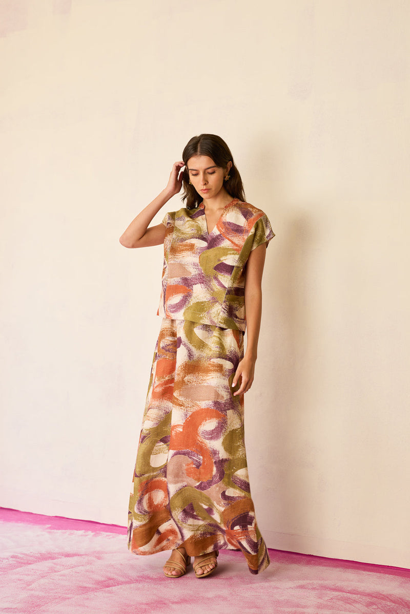 Geometric Brushstroke Co-ord Set linen co-ord set by World of SiSa in multi-color for women in Singapore