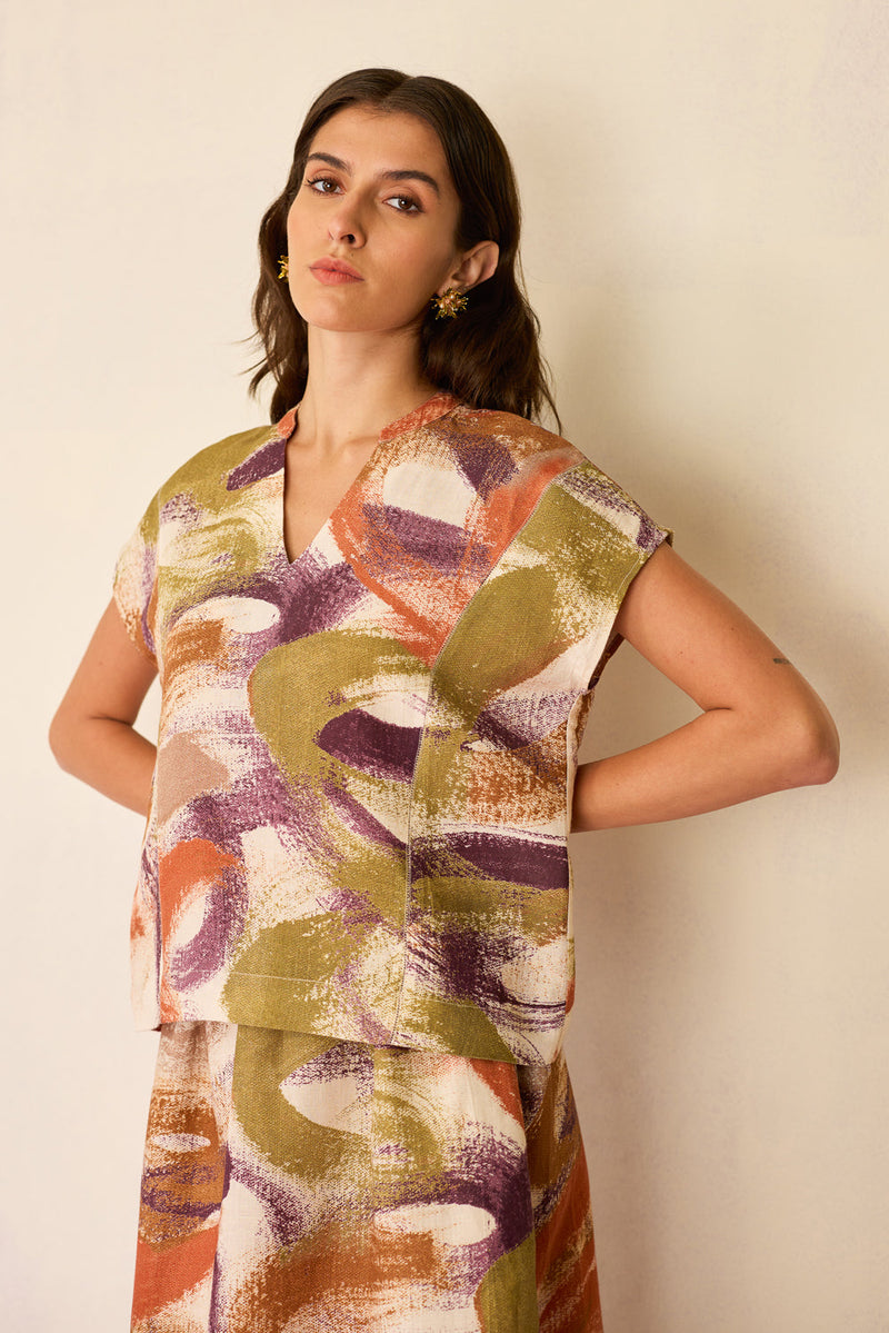 Geometric Brushstroke Co-ord Set linen co-ord set by World of SiSa in multi-color for women in Singapore