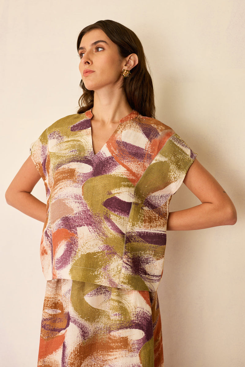 Geometric Brushstroke Co-ord Set linen co-ord set by World of SiSa in multi-color for women in Singapore
