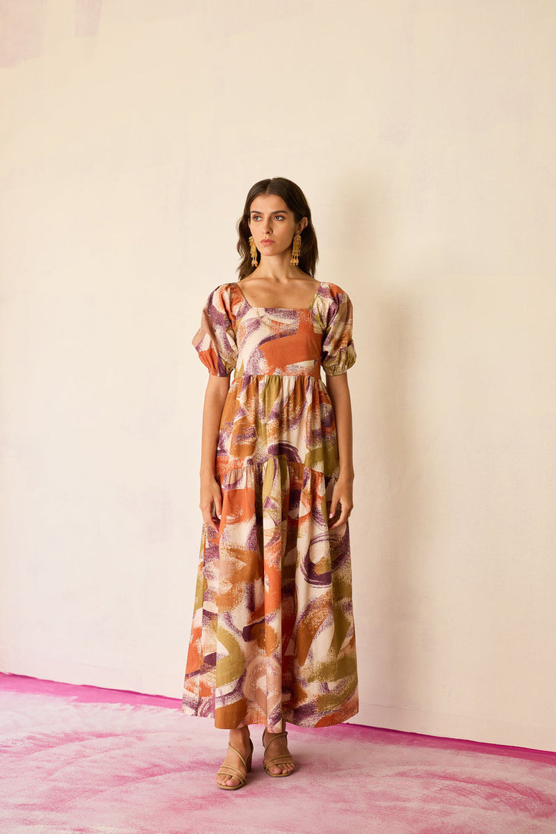 Brushstroke Smocked Maxi Dress cotton dress by World of SiSa in multi-color for women in Singapore