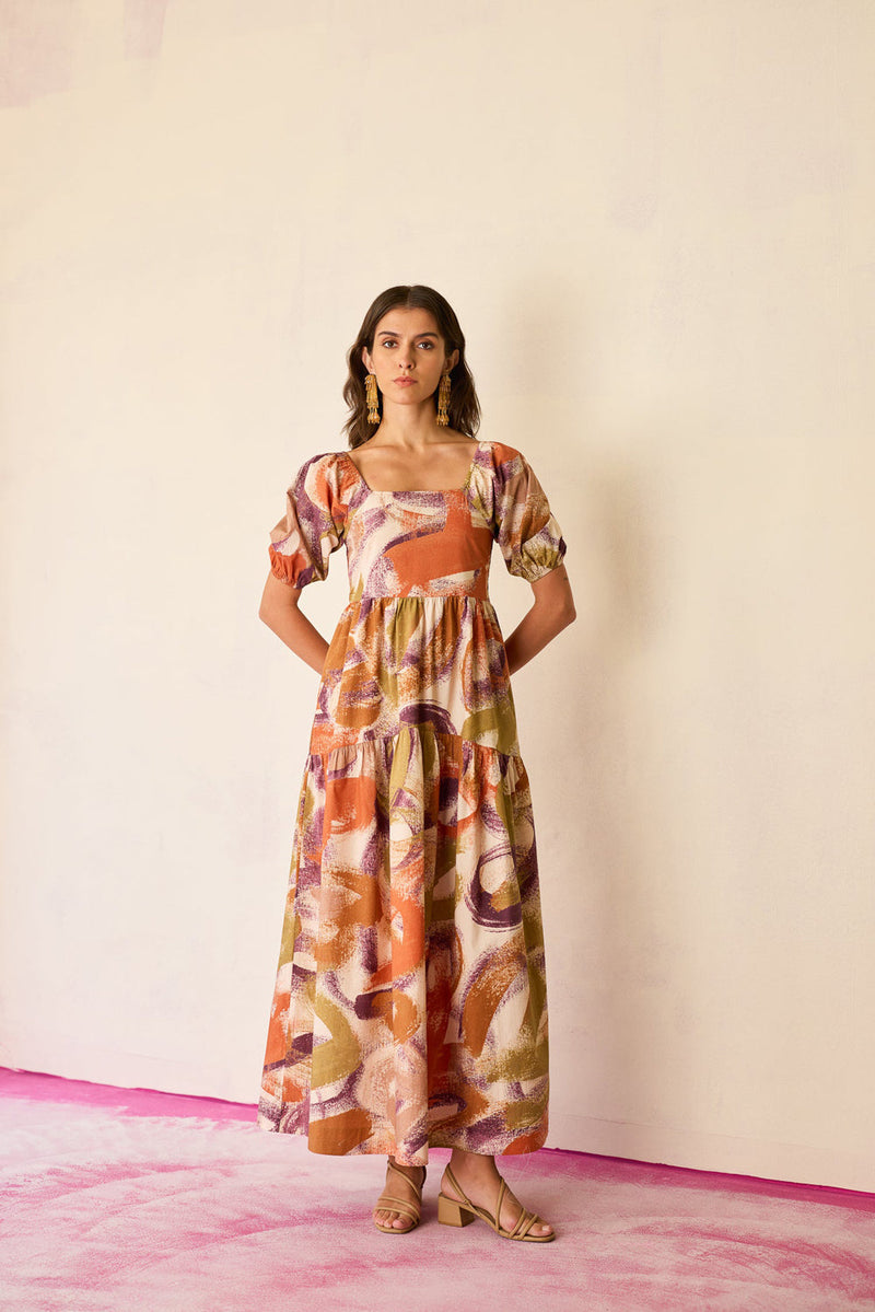 Brushstroke Smocked Maxi Dress cotton dress by World of SiSa in multi-color for women in Singapore