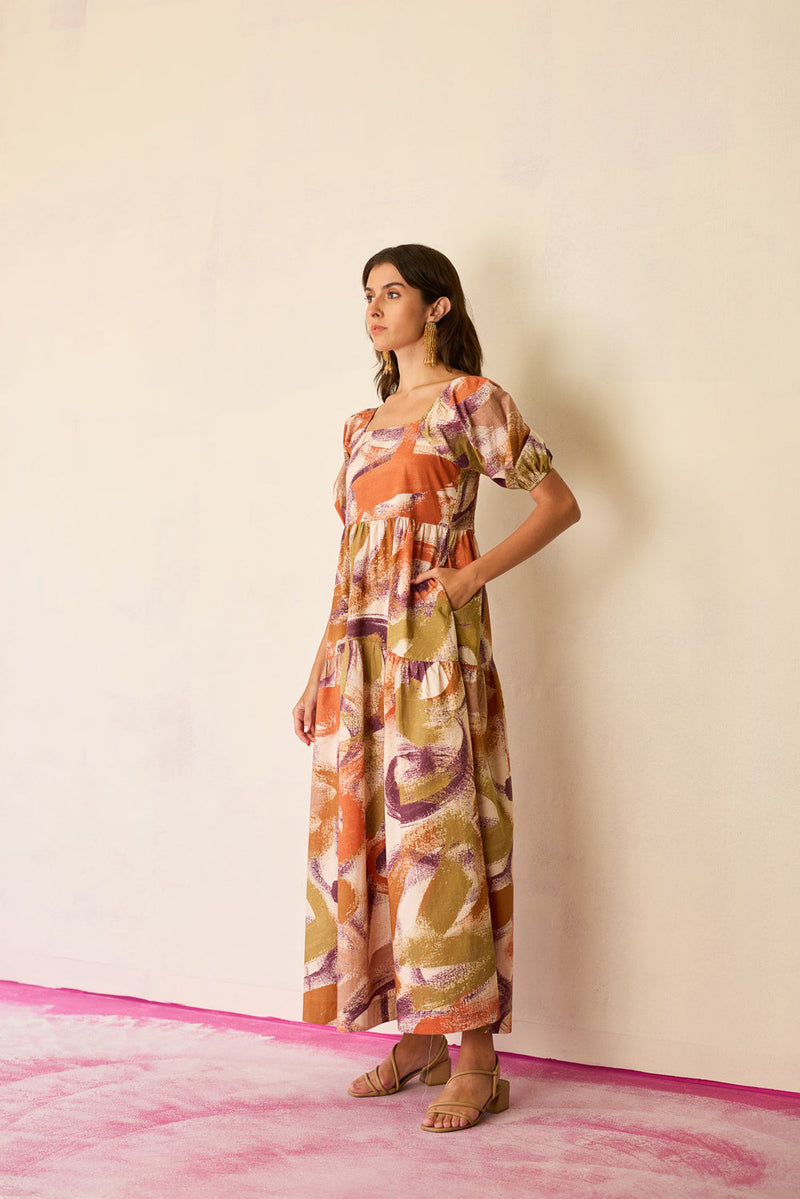 Brushstroke Smocked Maxi Dress cotton dress by World of SiSa in multi-color for women in Singapore