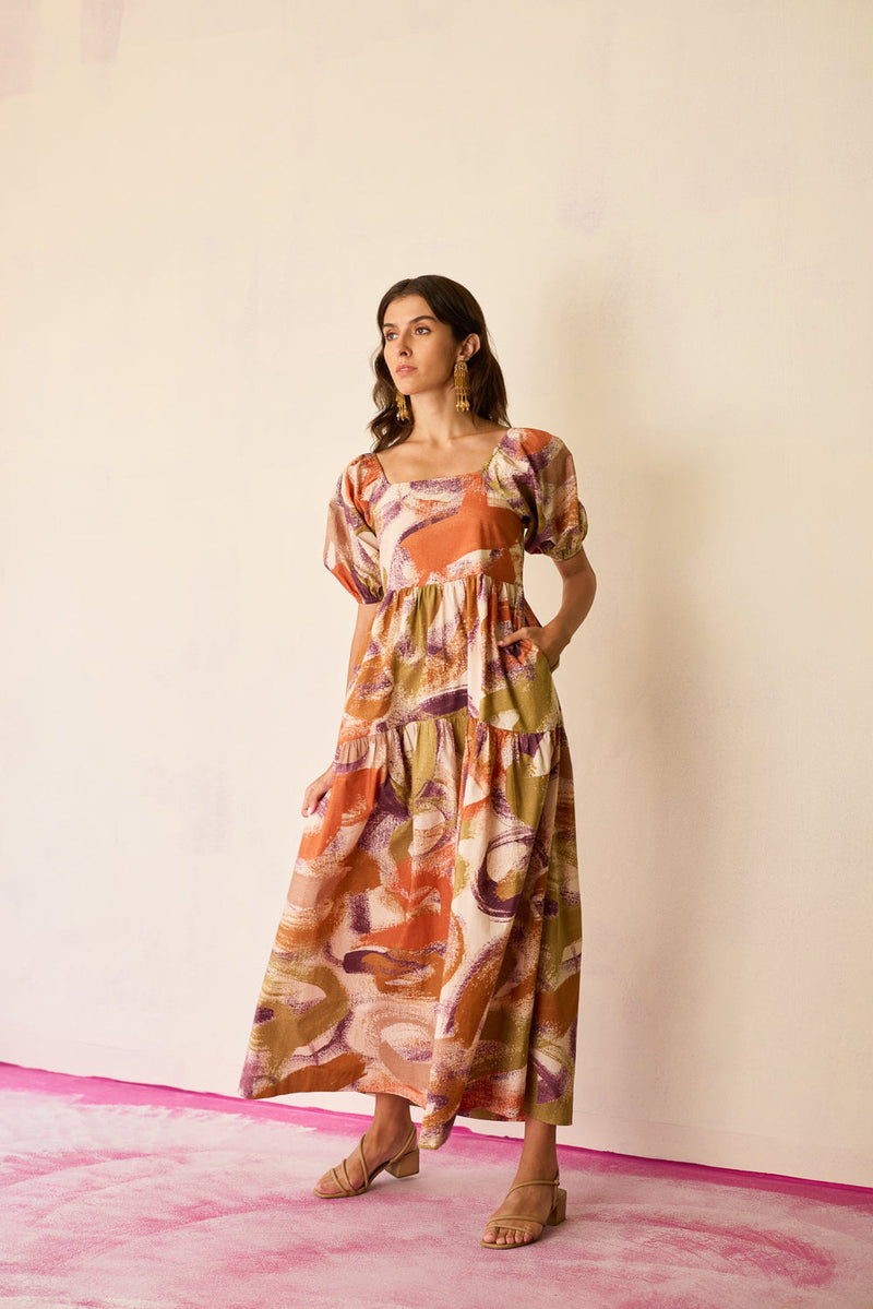 Brushstroke Smocked Maxi Dress cotton dress by World of SiSa in multi-color for women in Singapore
