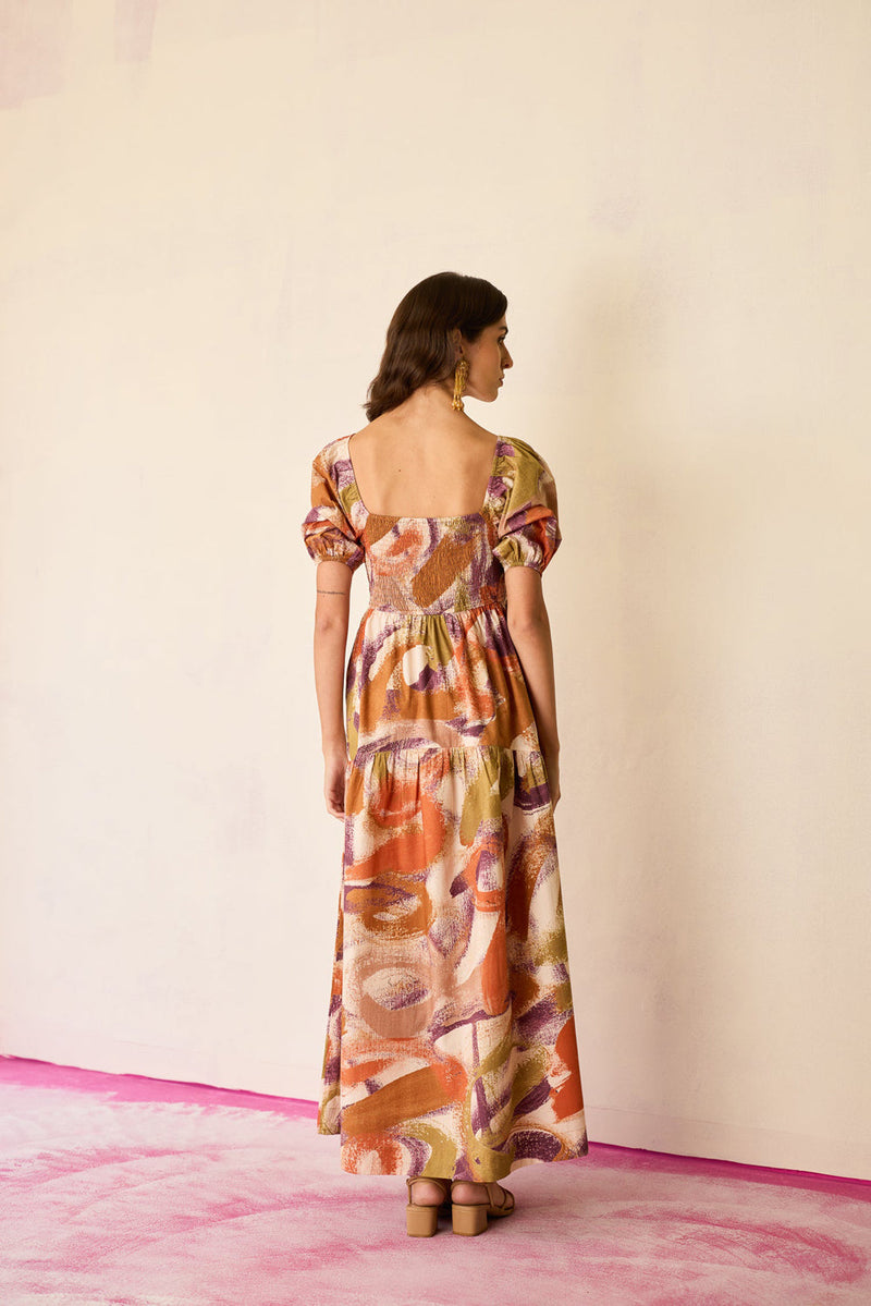Brushstroke Smocked Maxi Dress cotton dress by World of SiSa in multi-color for women in Singapore