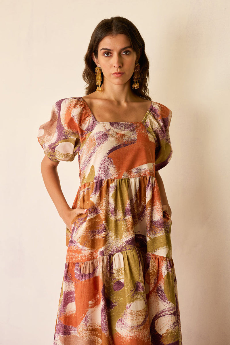 Brushstroke Smocked Maxi Dress cotton dress by World of SiSa in multi-color for women in Singapore