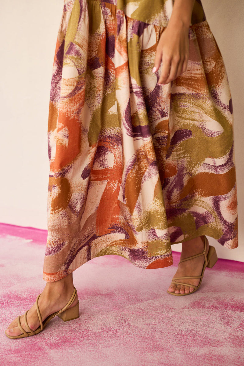 Brushstroke Smocked Maxi Dress cotton dress by World of SiSa in multi-color for women in Singapore