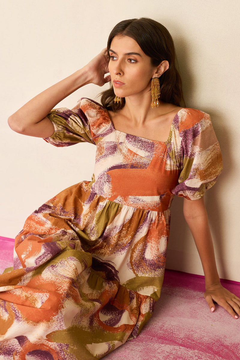 Brushstroke Smocked Maxi Dress cotton dress by World of SiSa in multi-color for women in Singapore