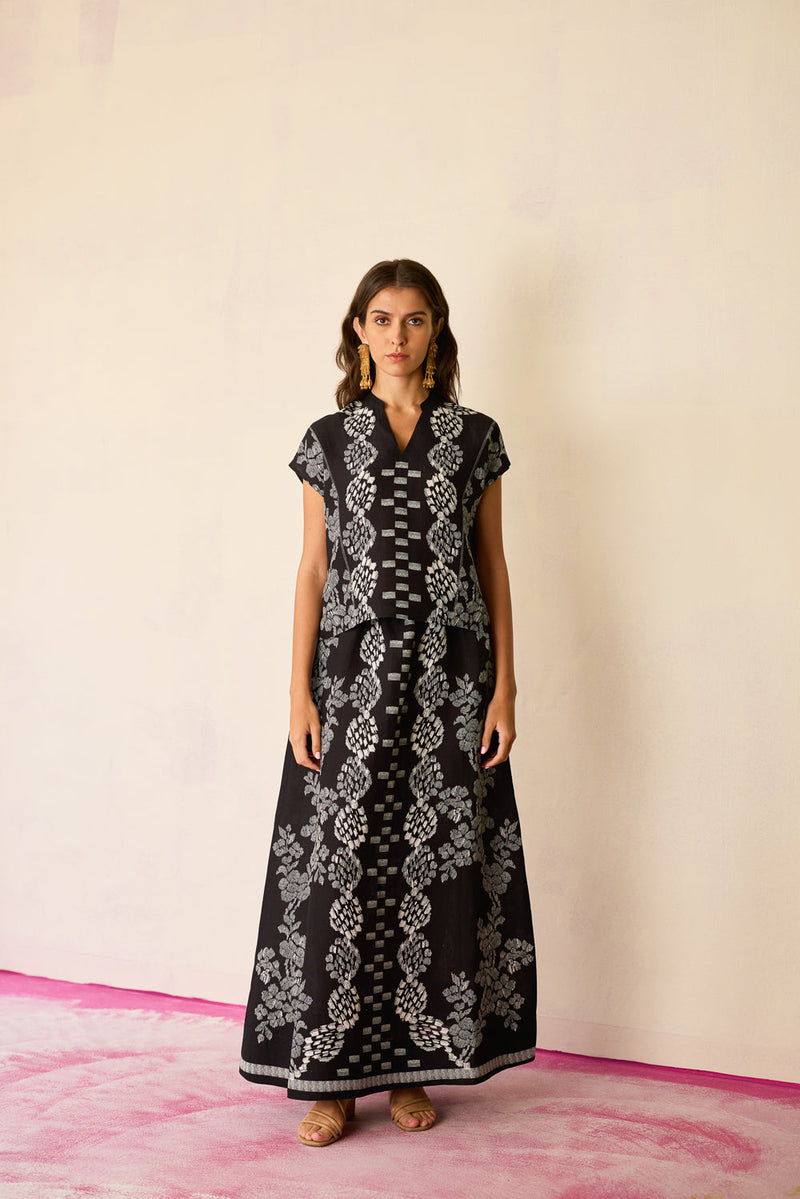 Black Geometric Ikat Co-ord Set linen co-ord set by World of SiSa in black for women in Singapore