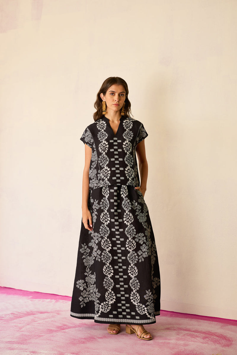 Black Geometric Ikat Co-ord Set linen co-ord set by World of SiSa in black for women in Singapore