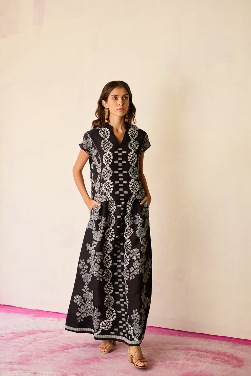 Black Geometric Ikat Co-ord Set linen co-ord set by World of SiSa in black for women in Singapore