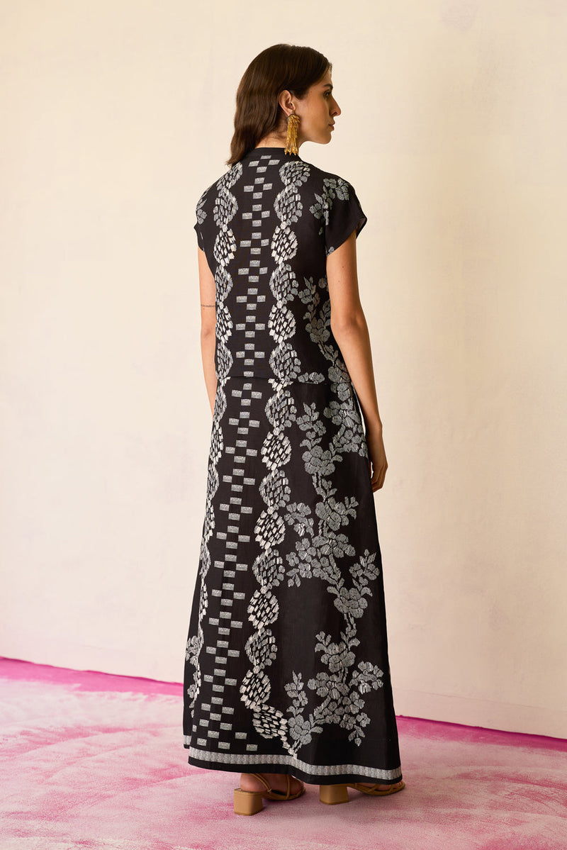 Black Geometric Ikat Co-ord Set linen co-ord set by World of SiSa in black for women in Singapore