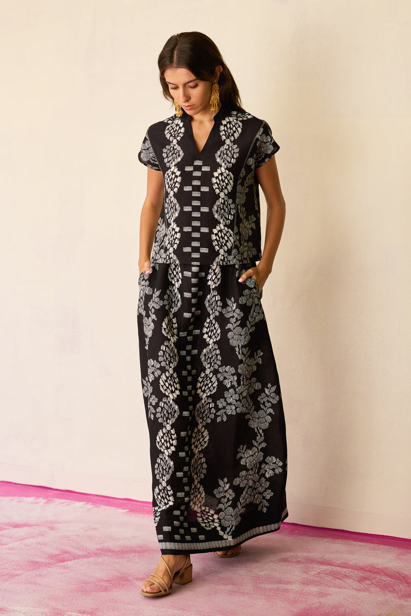 Black Geometric Ikat Co-ord Set linen co-ord set by World of SiSa in black for women in Singapore