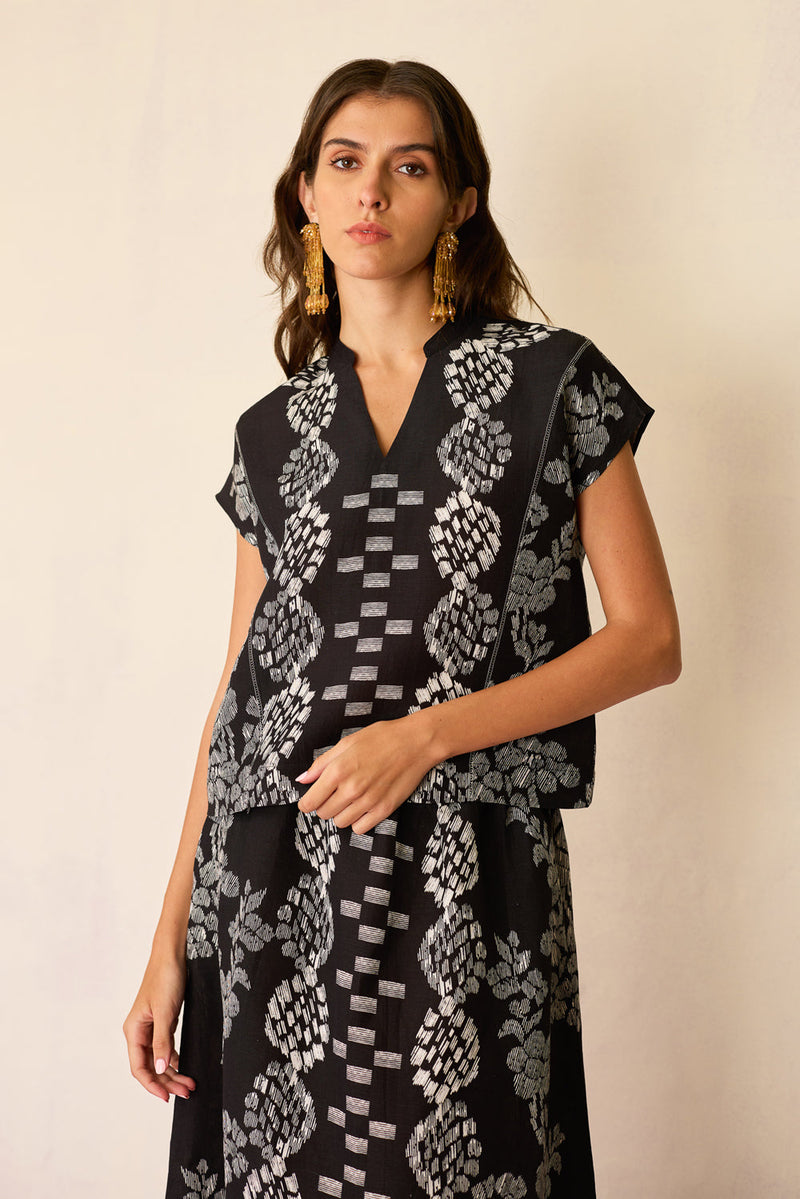 Black Geometric Ikat Co-ord Set linen co-ord set by World of SiSa in black for women in Singapore