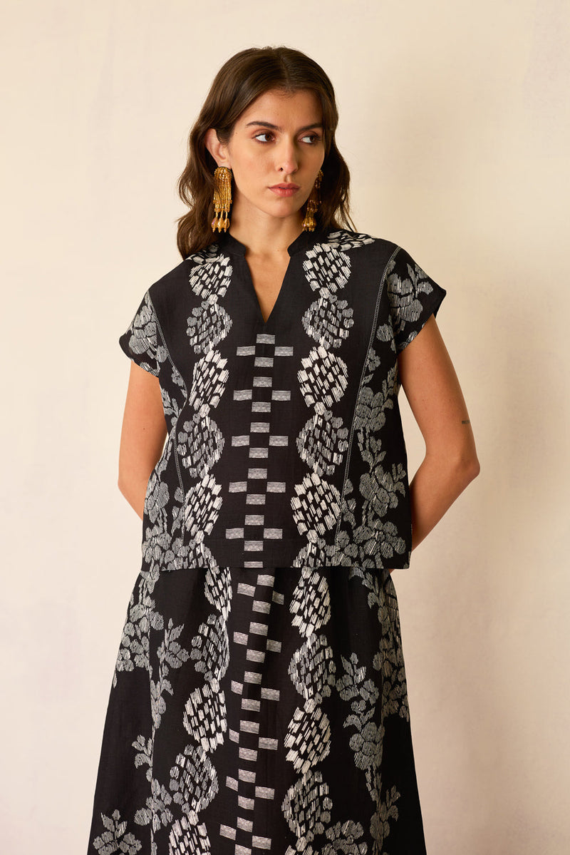 Black Geometric Ikat Co-ord Set linen co-ord set by World of SiSa in black for women in Singapore
