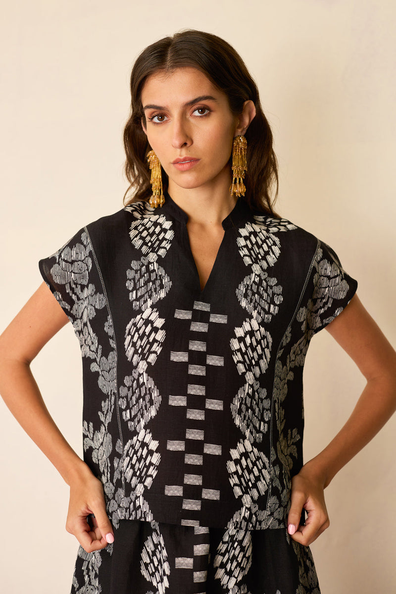 Black Geometric Ikat Co-ord Set linen co-ord set by World of SiSa in black for women in Singapore