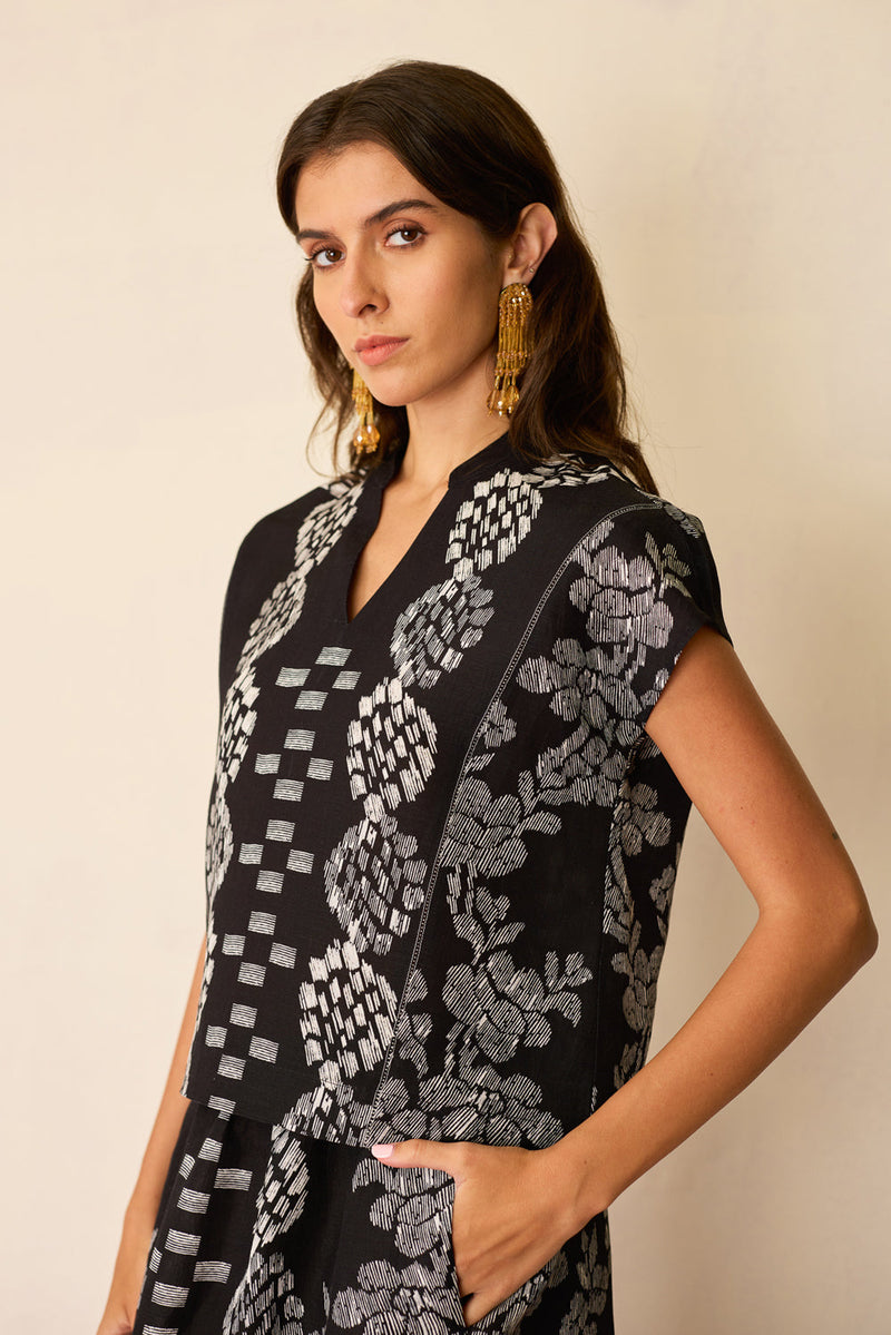 Black Geometric Ikat Co-ord Set linen co-ord set by World of SiSa in black for women in Singapore