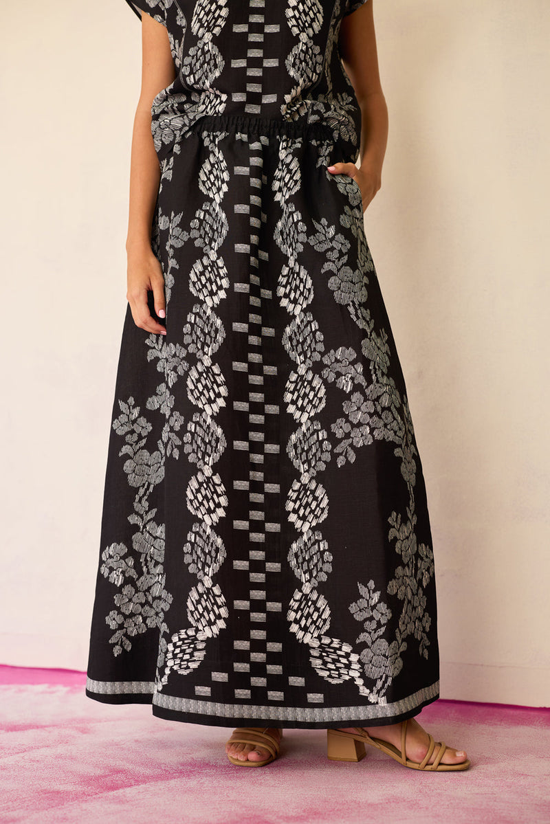 Black Geometric Ikat Co-ord Set linen co-ord set by World of SiSa in black for women in Singapore
