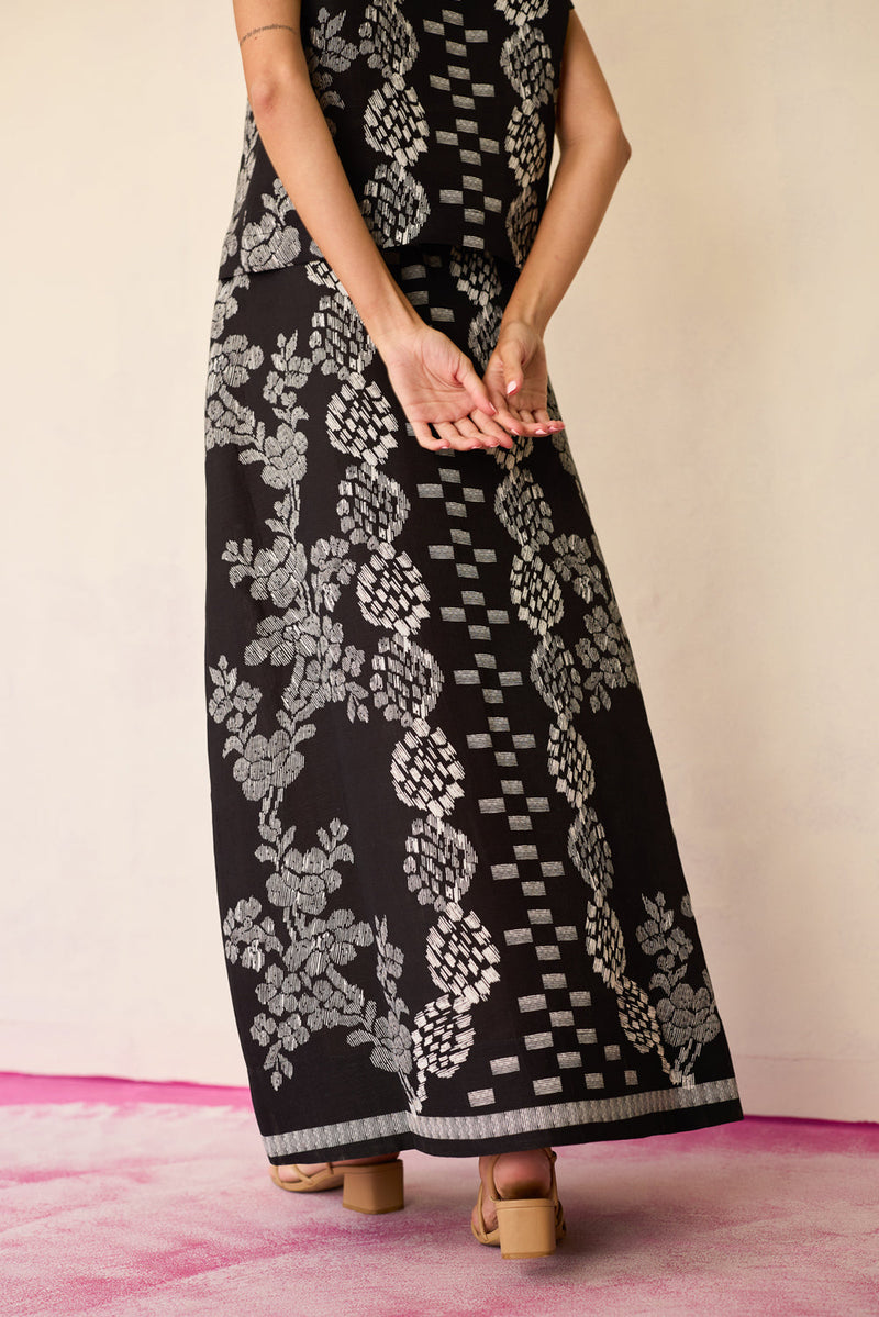 Black Geometric Ikat Co-ord Set linen co-ord set by World of SiSa in black for women in Singapore