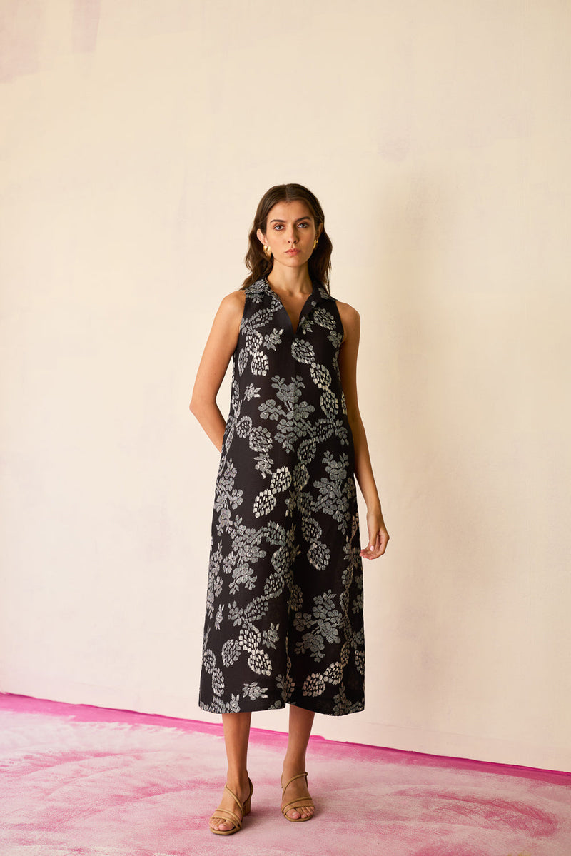 Black Floral Ikat Sleeveless Midi Dress linen dress by World of SiSa in black for women in Singapore