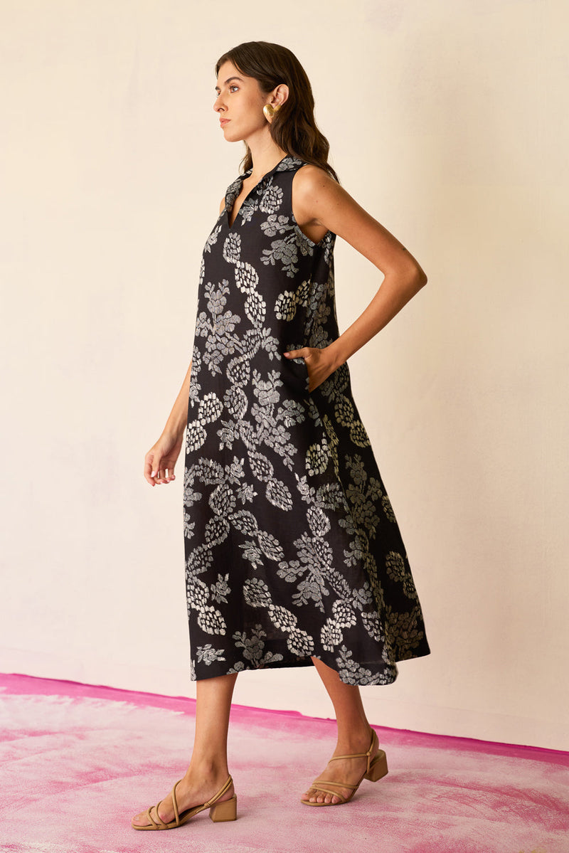Black Floral Ikat Sleeveless Midi Dress linen dress by World of SiSa in black for women in Singapore