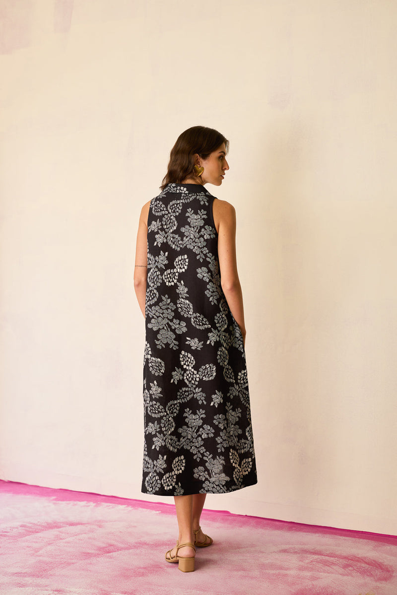 Black Floral Ikat Sleeveless Midi Dress linen dress by World of SiSa in black for women in Singapore