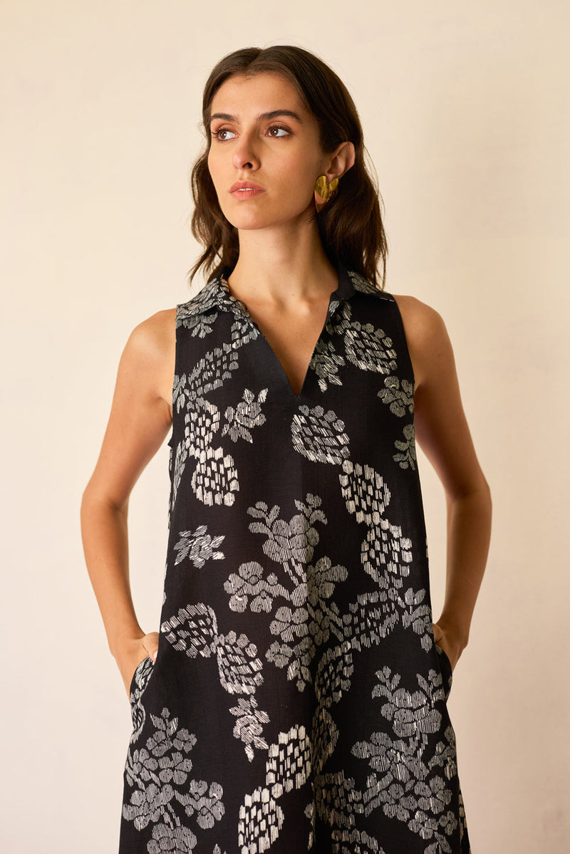 Black Floral Ikat Sleeveless Midi Dress linen dress by World of SiSa in black for women in Singapore