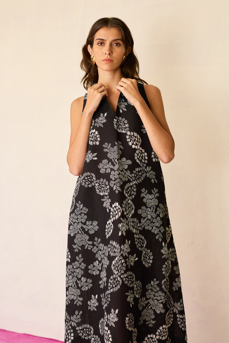 Black Floral Ikat Sleeveless Midi Dress linen dress by World of SiSa in black for women in Singapore