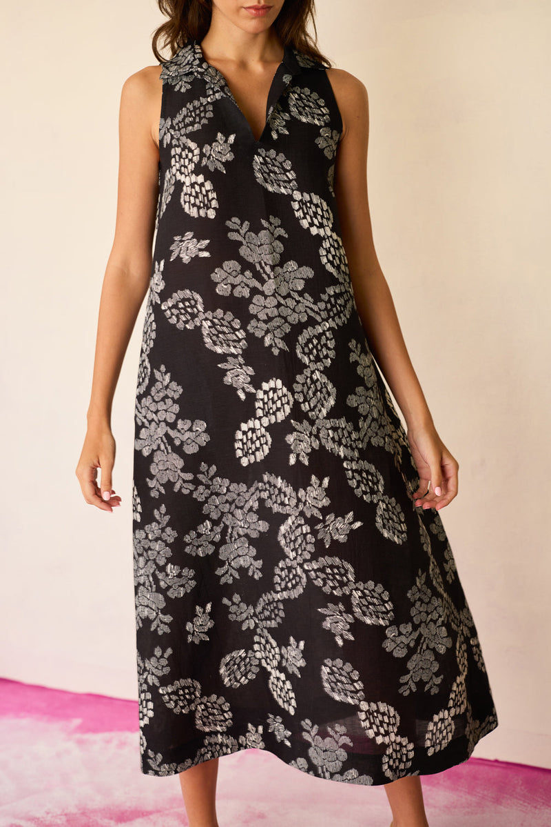 Black Floral Ikat Sleeveless Midi Dress linen dress by World of SiSa in black for women in Singapore