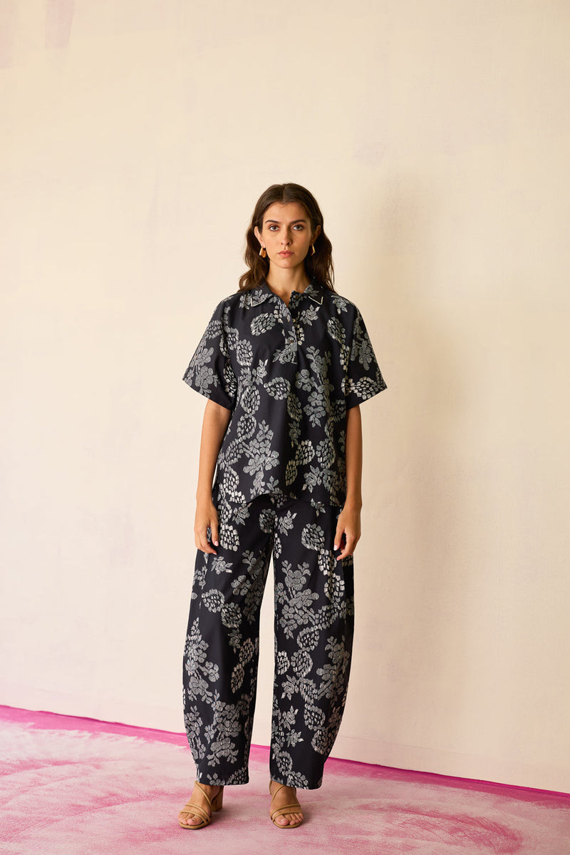 Oversized Ikat All-Over Print Shirt cotton top/shirt by World of SiSa in black for women in Singapore