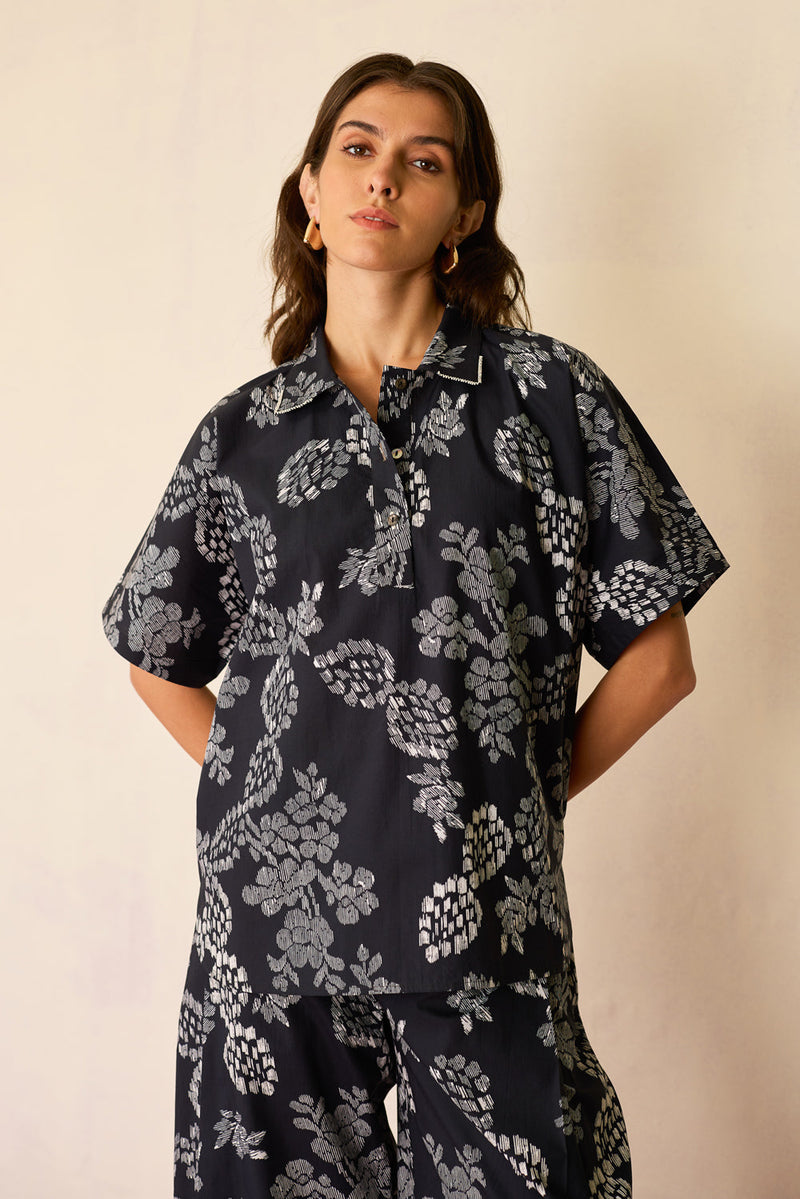 Oversized Ikat All-Over Print Shirt cotton top/shirt by World of SiSa in black for women in Singapore