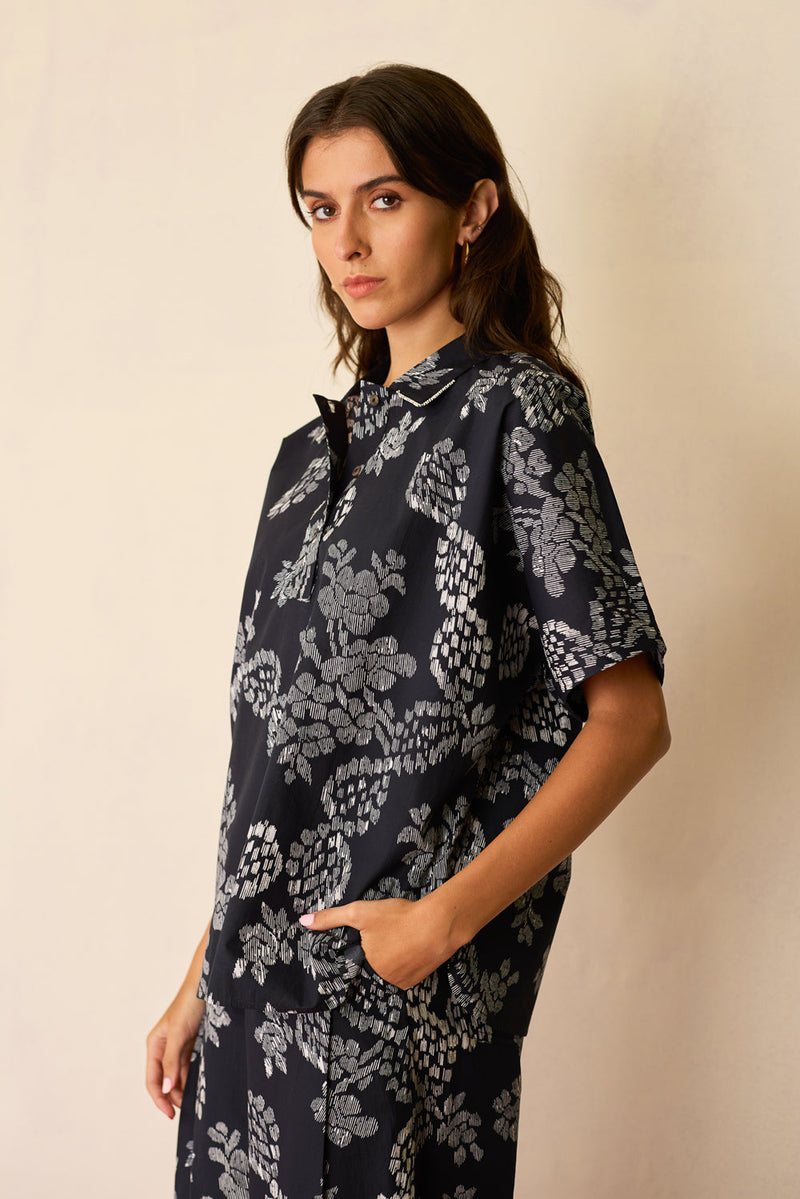 Oversized Ikat All-Over Print Shirt cotton top/shirt by World of SiSa in black for women in Singapore