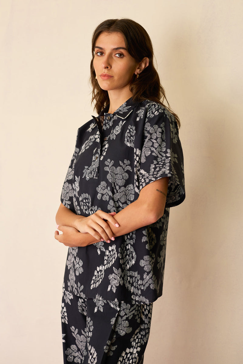 Oversized Ikat All-Over Print Shirt cotton top/shirt by World of SiSa in black for women in Singapore
