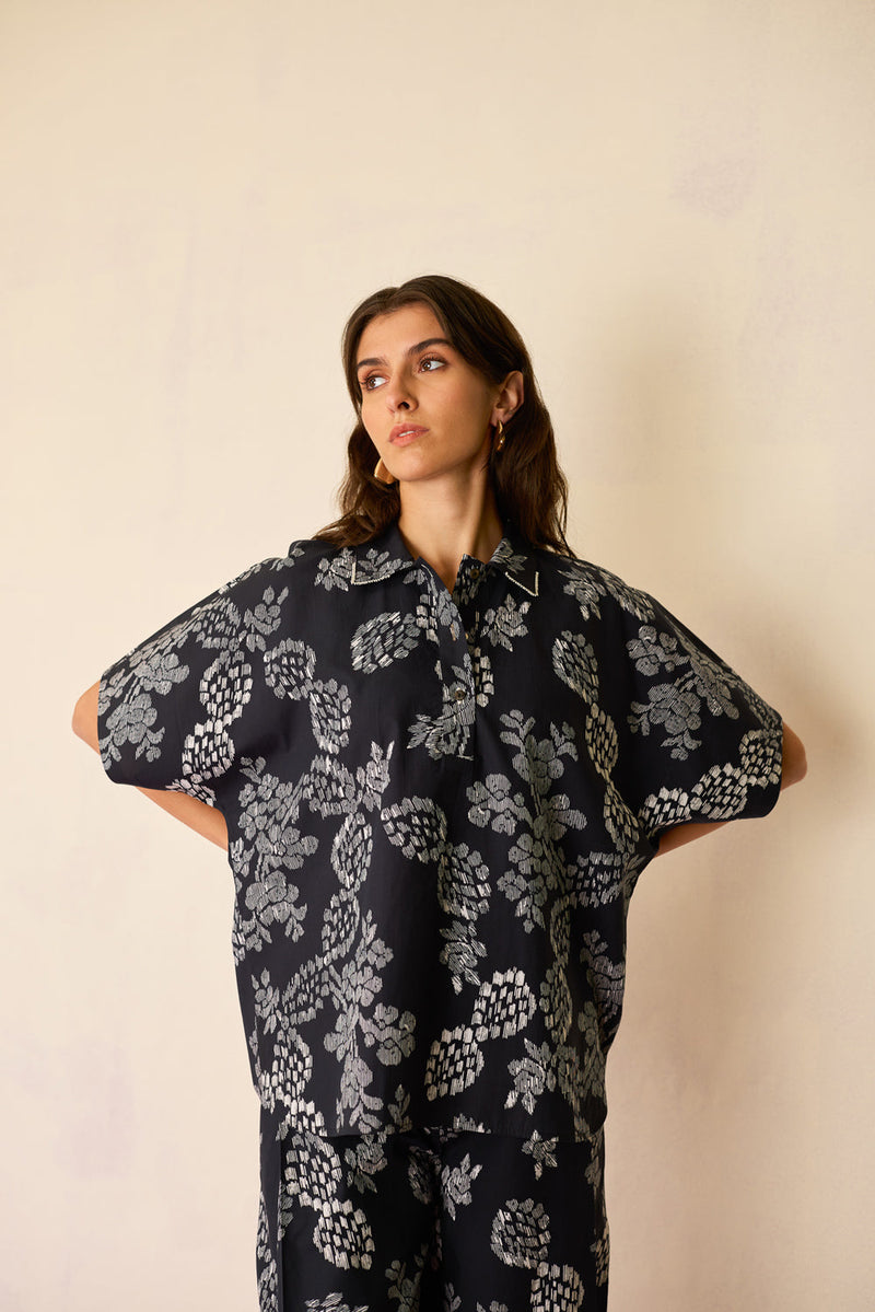Oversized Ikat All-Over Print Shirt cotton top/shirt by World of SiSa in black for women in Singapore