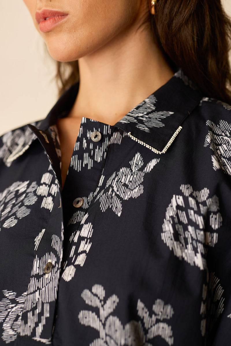 Oversized Ikat All-Over Print Shirt cotton top/shirt by World of SiSa in black for women in Singapore